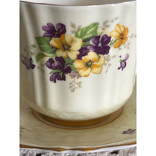 Load image into Gallery viewer, Old Royal Bone China England Pale Yellow with Purple and Yellow Violets Teacup & Saucer #2975