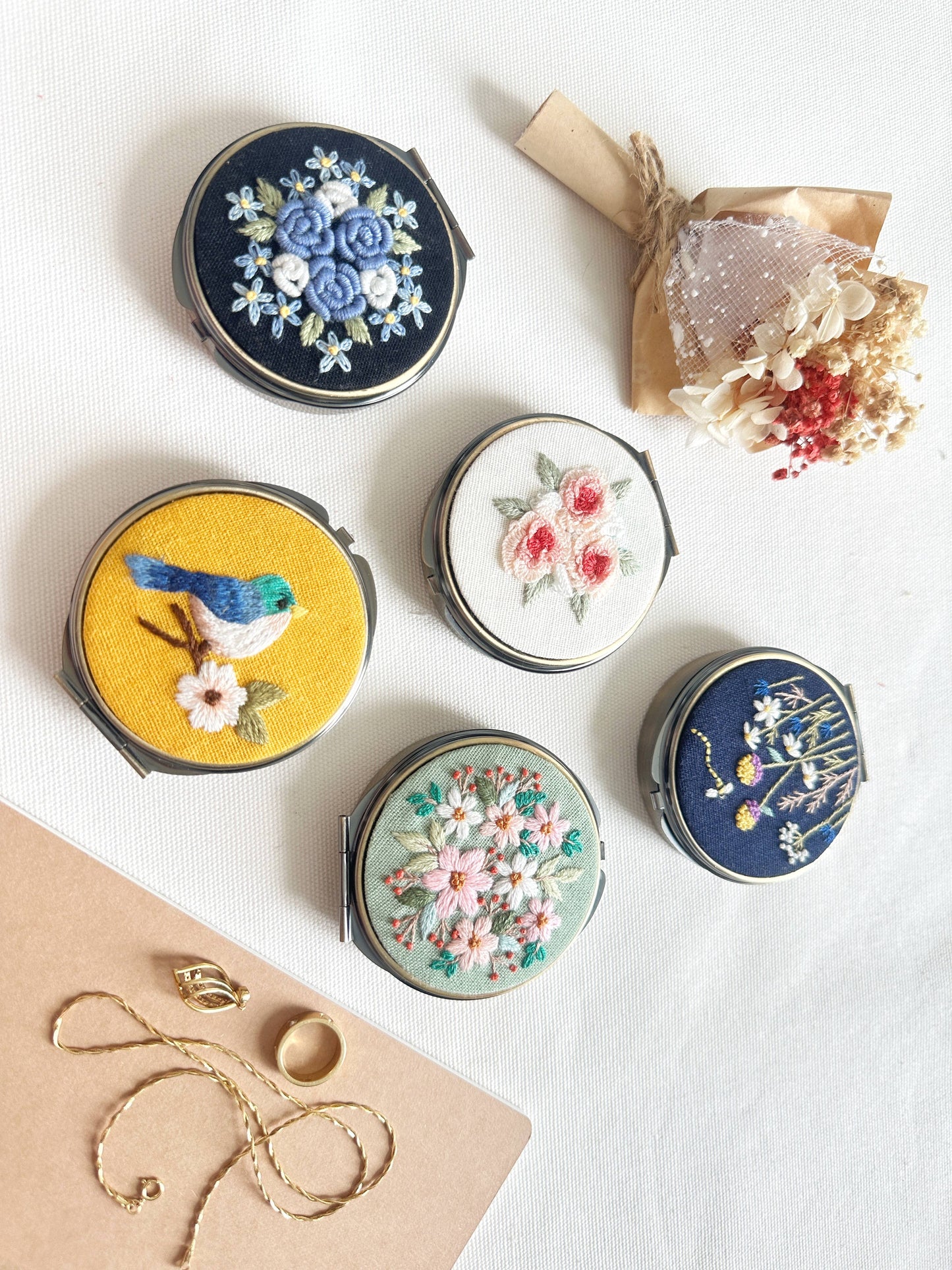 Quince Fables - Floral Embroidered Round Jewelry Box With Mirror (In Stock✅)