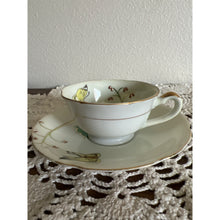 Load image into Gallery viewer, Vintage Demitasse Porcelain Hand Painted Teacup & Saucer With Green Leaves, Butterflies, and Gold Trim Made in Japan
