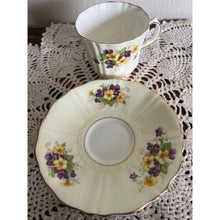 Load image into Gallery viewer, Old Royal Bone China England Pale Yellow with Purple and Yellow Violets Teacup & Saucer #2975