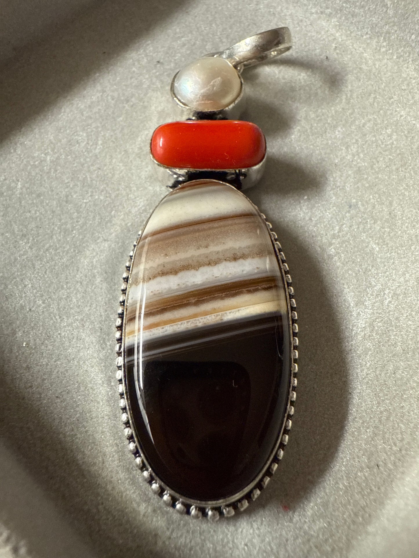 Handmade Luster & Loom Sterling Silver Banded Botswana Agate & Coral Pendant