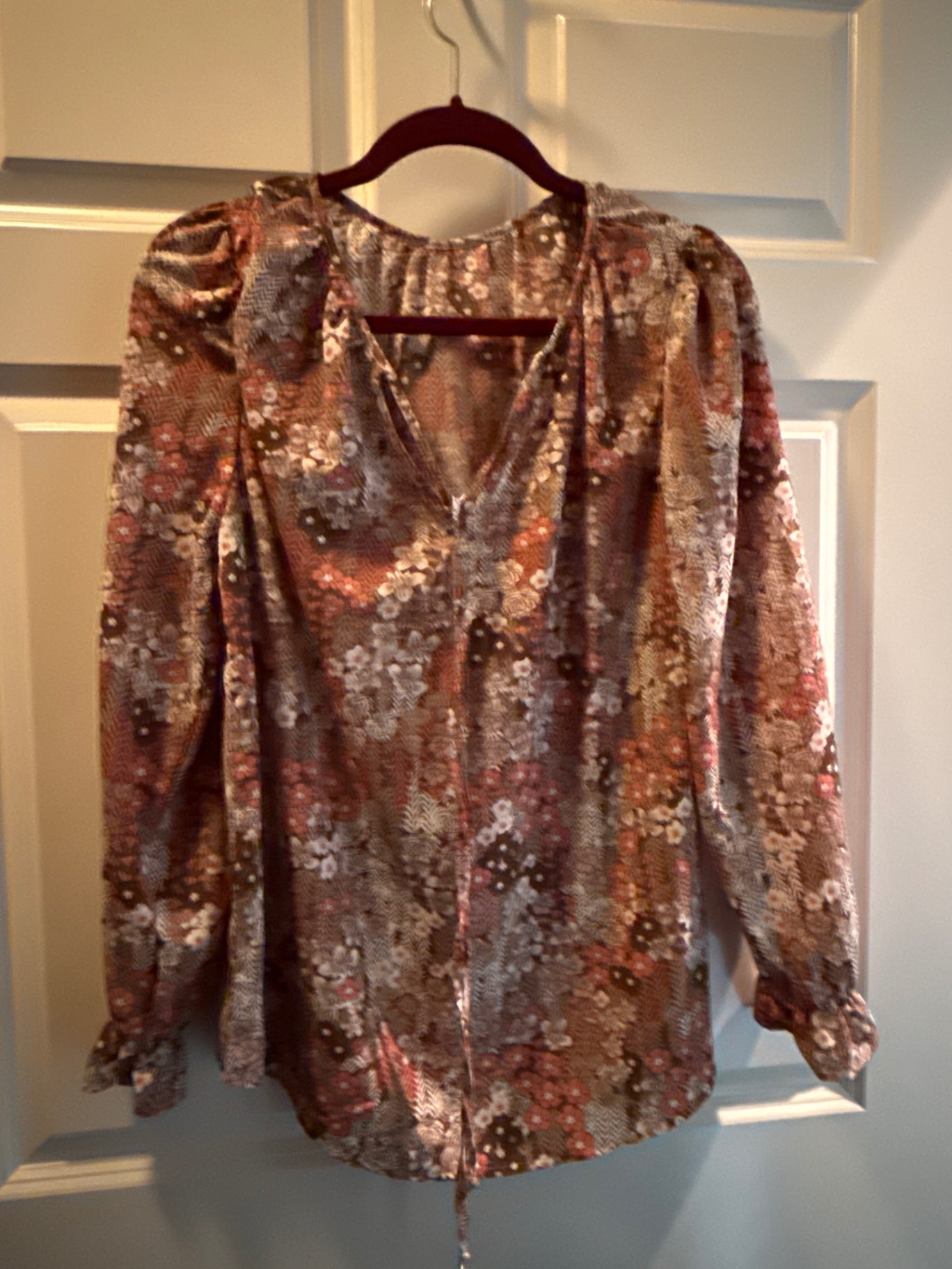 Multicolor (predominantly shades of pink, brown, and cream) Silk or satin blend Blouse