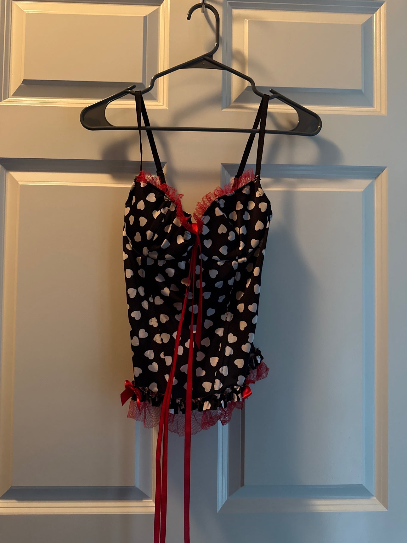 S-Black and white with red accents Satin with lace Lingerie