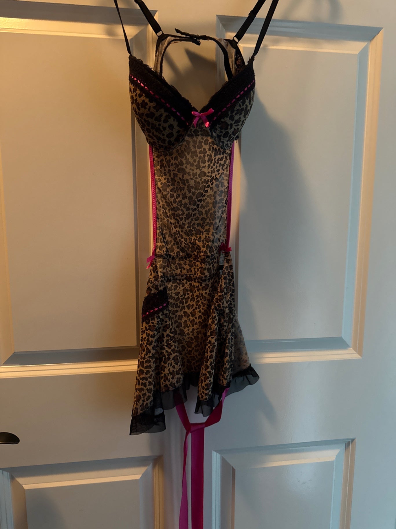 S-Leopard print with black, pink accents Sheer fabric with lace and mesh Lingerie