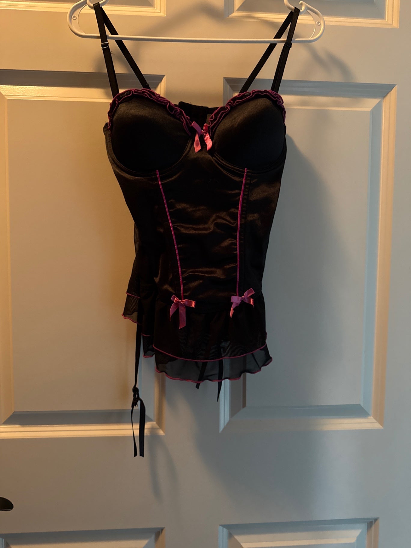 S-Black with Pink accents Satin with sheer fabric and ribbon Lingerie