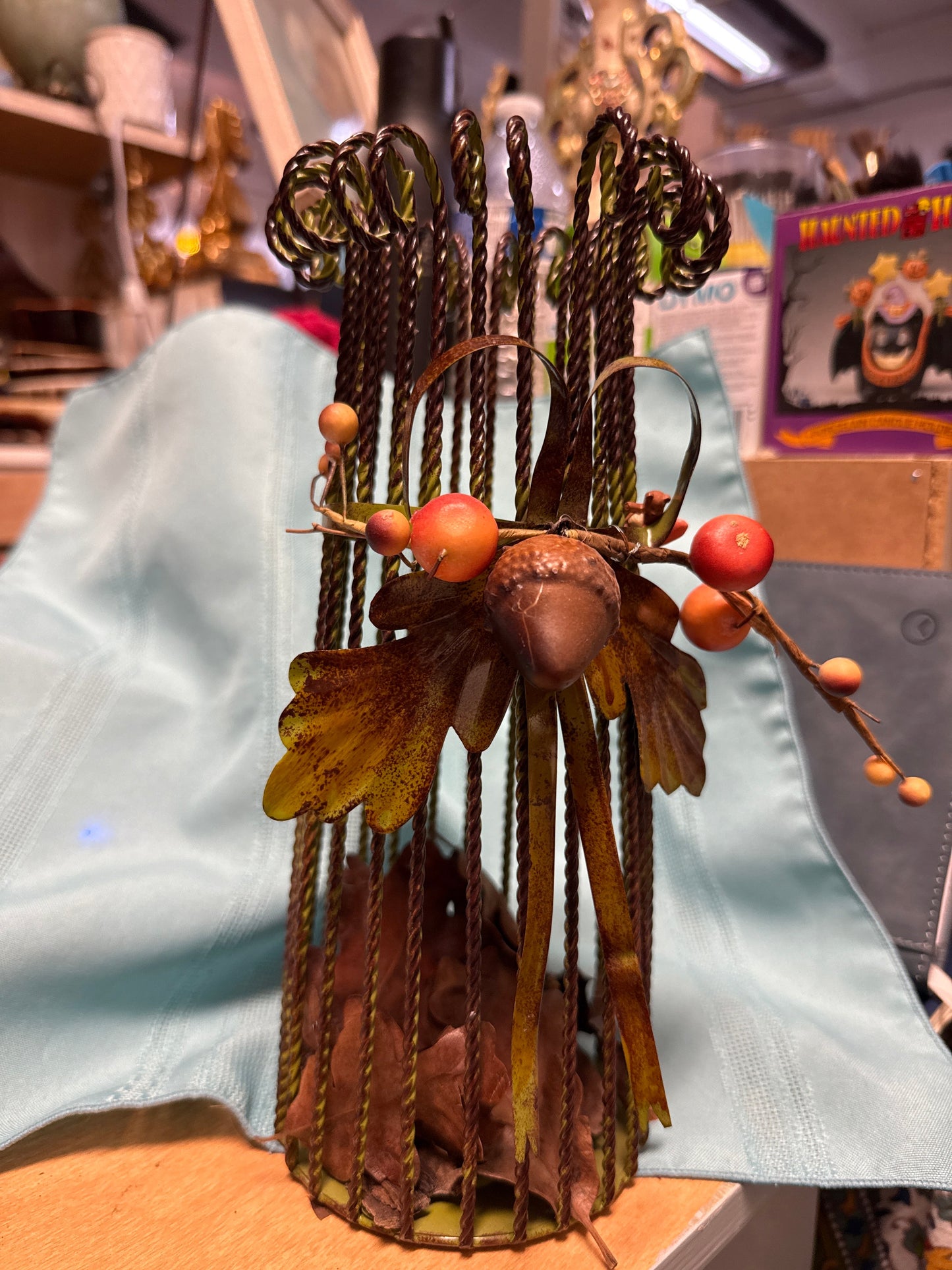 HARVEST FLORAL METAL PILLAR CANDLE HOLDER CENTERPIECE 10”