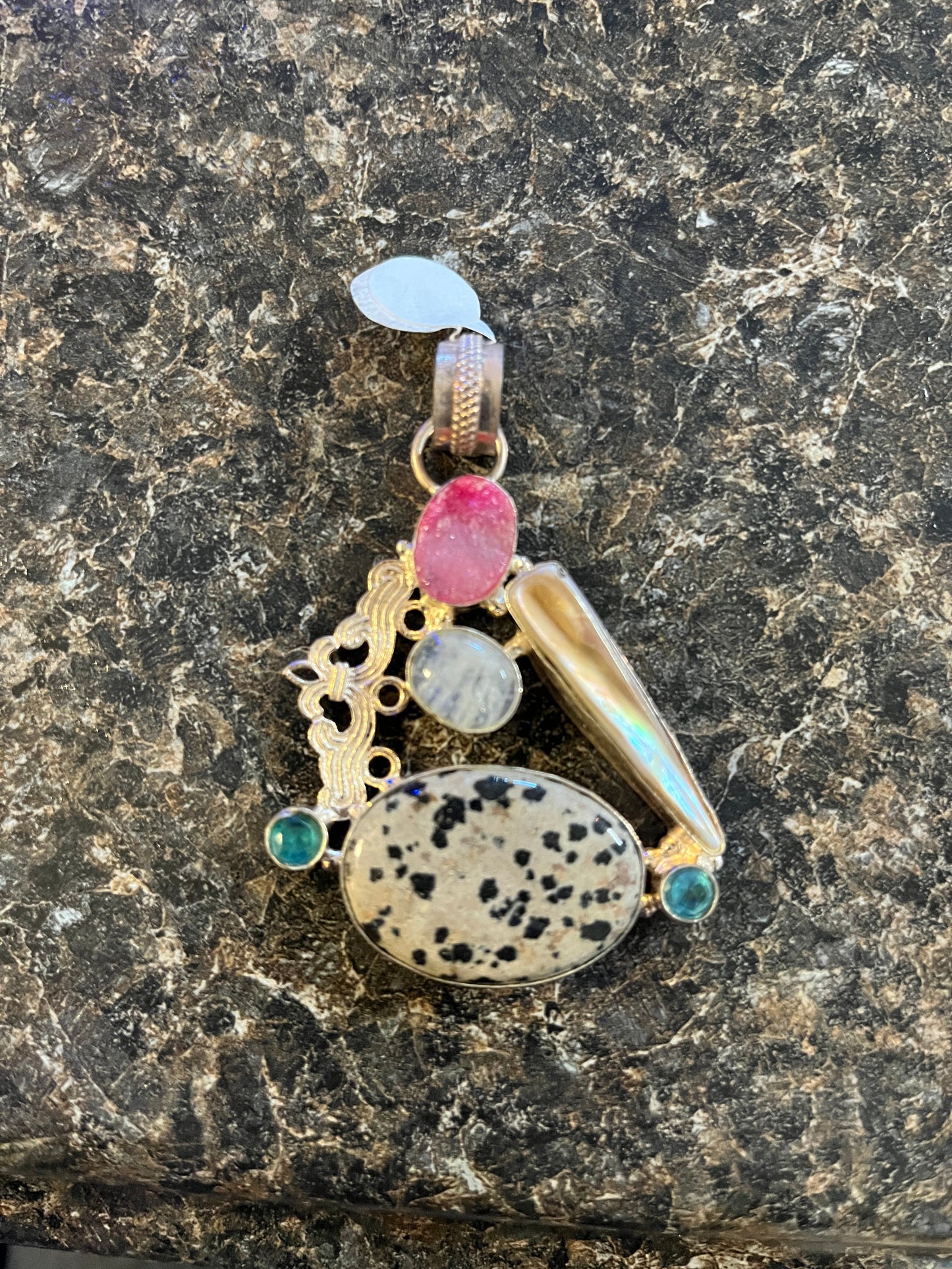 Handmade Luster and Loom Sterling Silver Spotted Jasper and Various Precious Stone Pendant