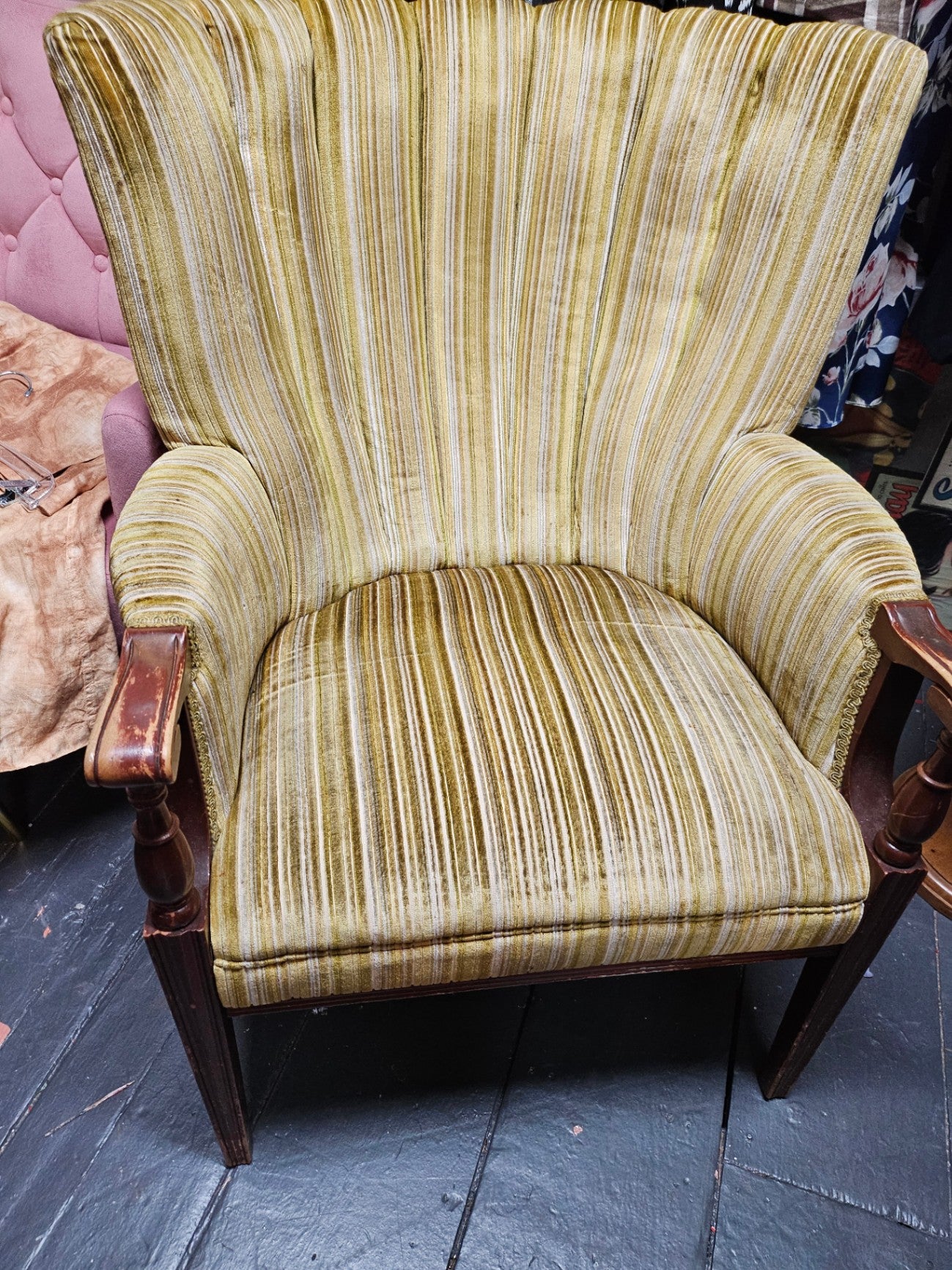 Yellowish-green with brown and beige stripes Velvet fabric, Wooden armrests and legs Chair Very good