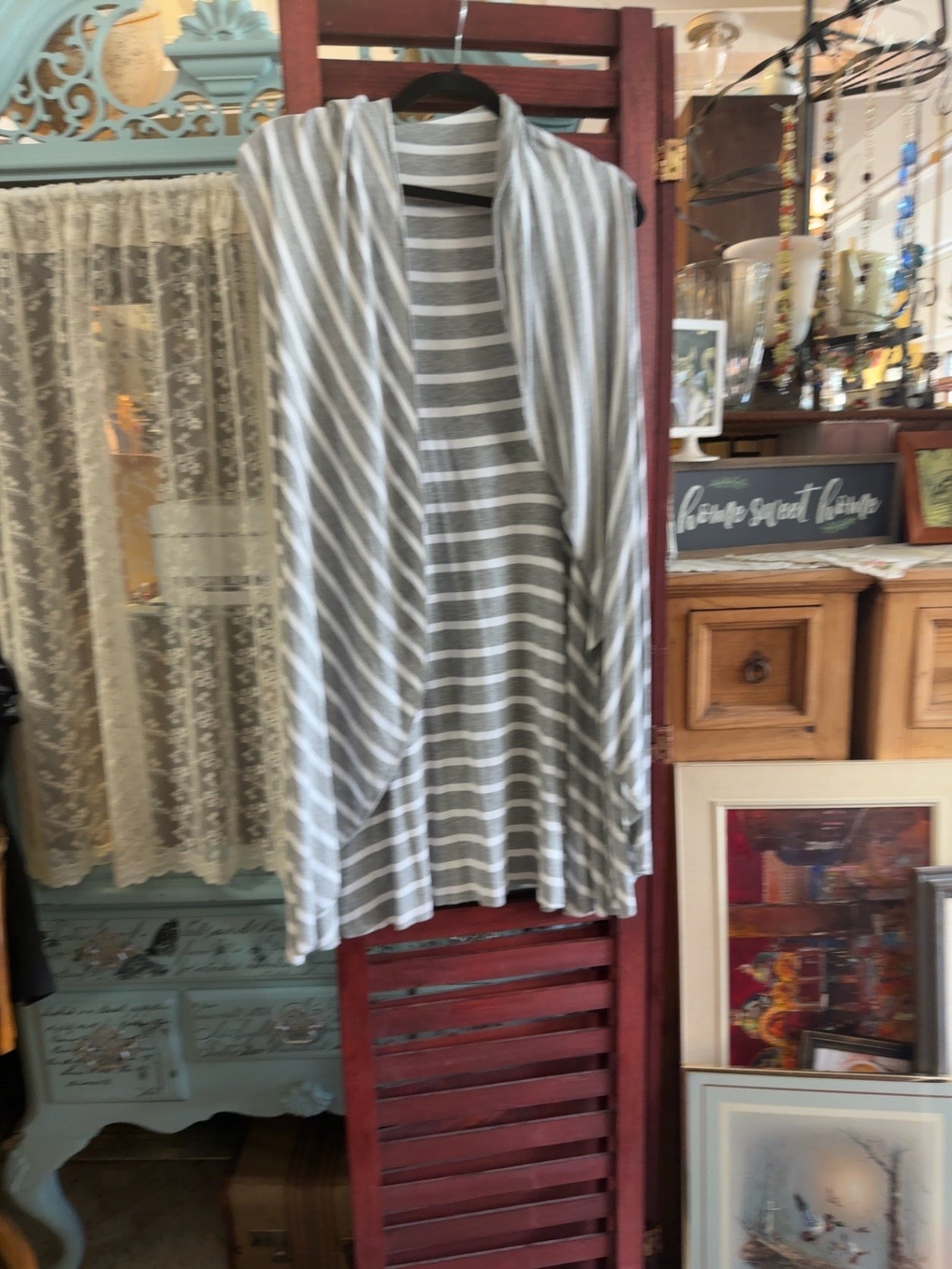 Women's Gray & White Striped Draped Open Front Cardigan Vest | Sleeveless Layering Piece