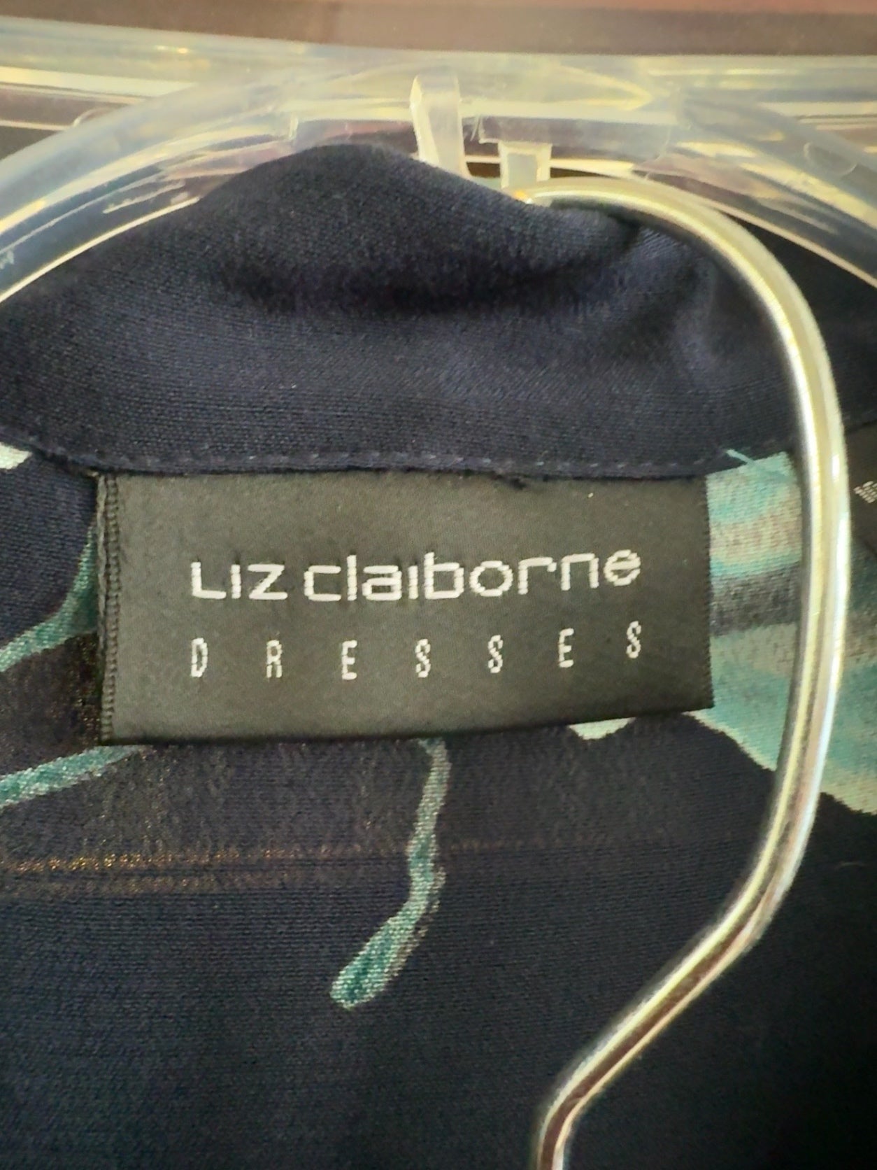 Liz Claiborne Navy Blue with Aqua and White Floral Polyester Dress Very Good