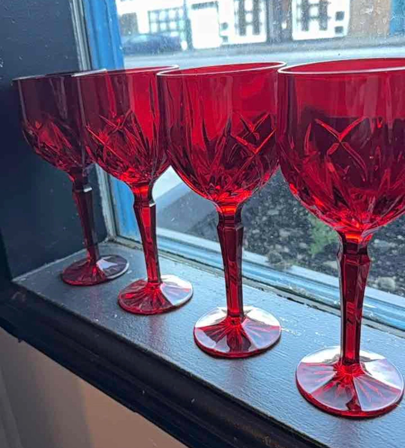 Set of Four Vintage Red Cut Glass Goblets, Marquis by Waterford Brookside Pattern