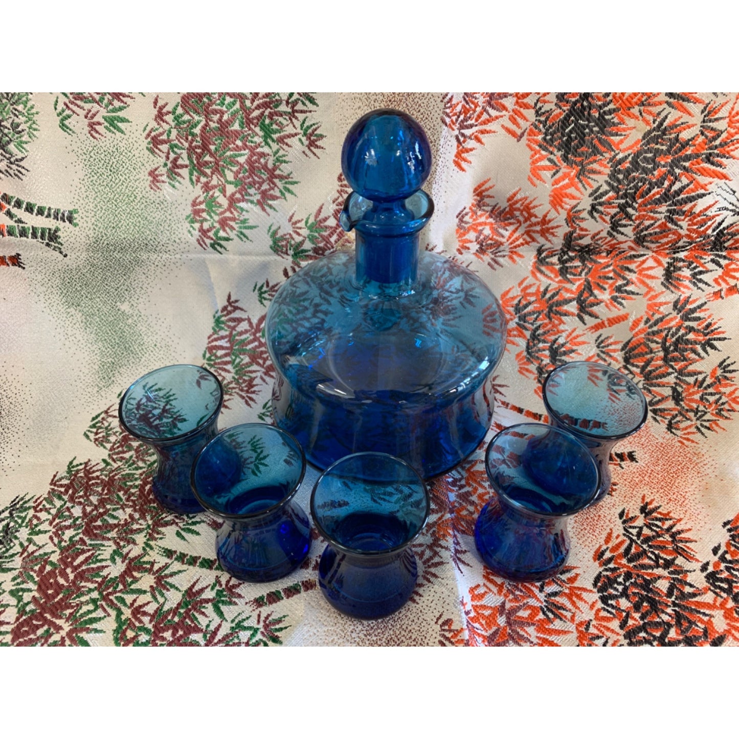 MCM Empoli Style Blue Blown Glass Squat 7” Decanter Bottle with Glasses Set