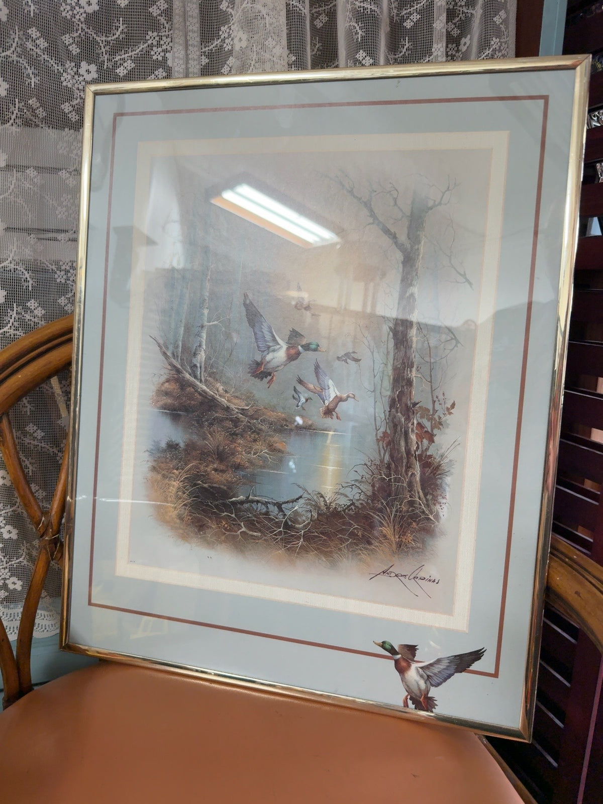 Vintage Signed Mallard Duck Wildlife Print in Custom Gold Frame