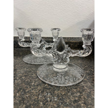 Load image into Gallery viewer, Pair of Vintage Martinsville Etched Glass Teardrop Double Taper Candlestick Holders