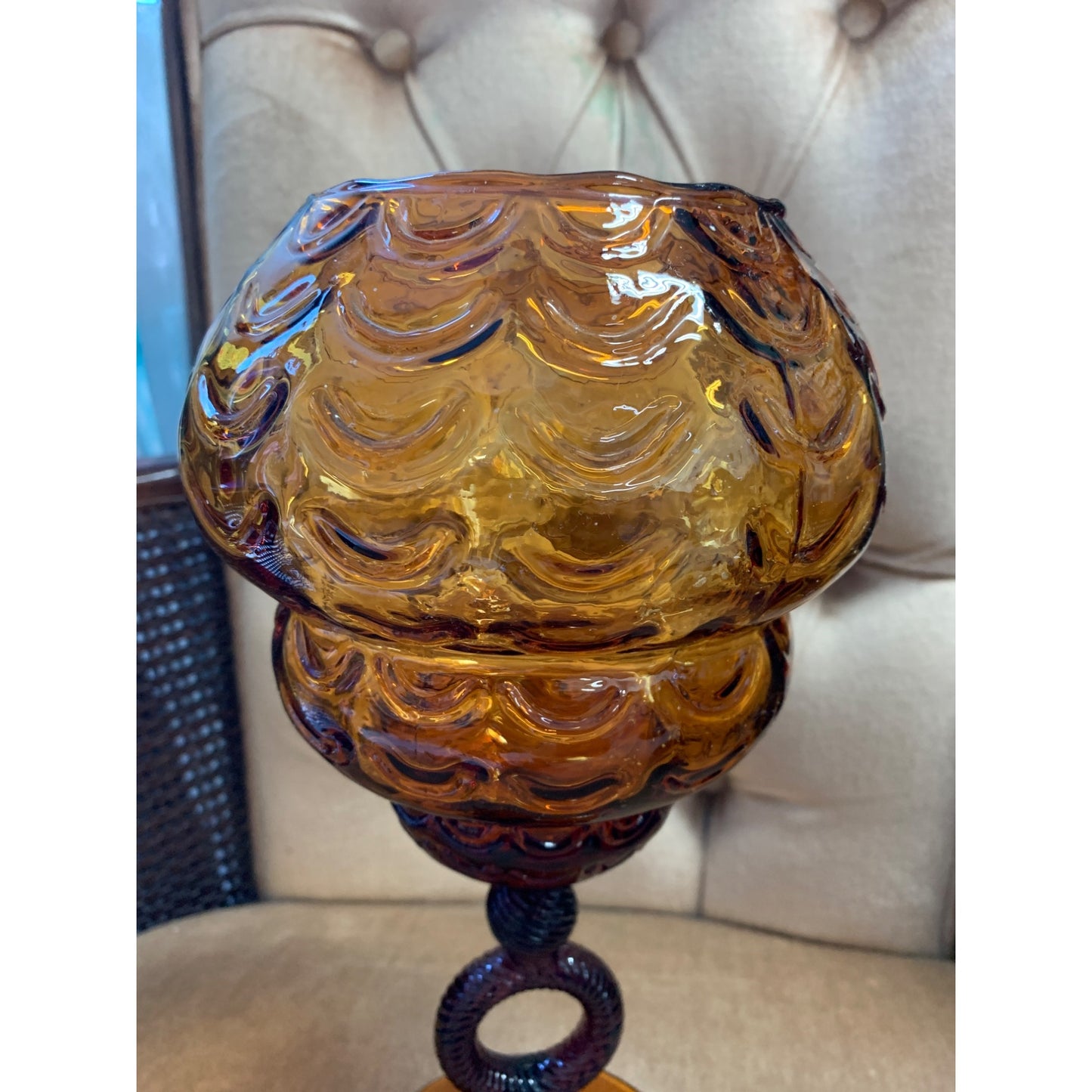 Amber Glass Compote Candy Dish Footed bowl with Amethyst Stem