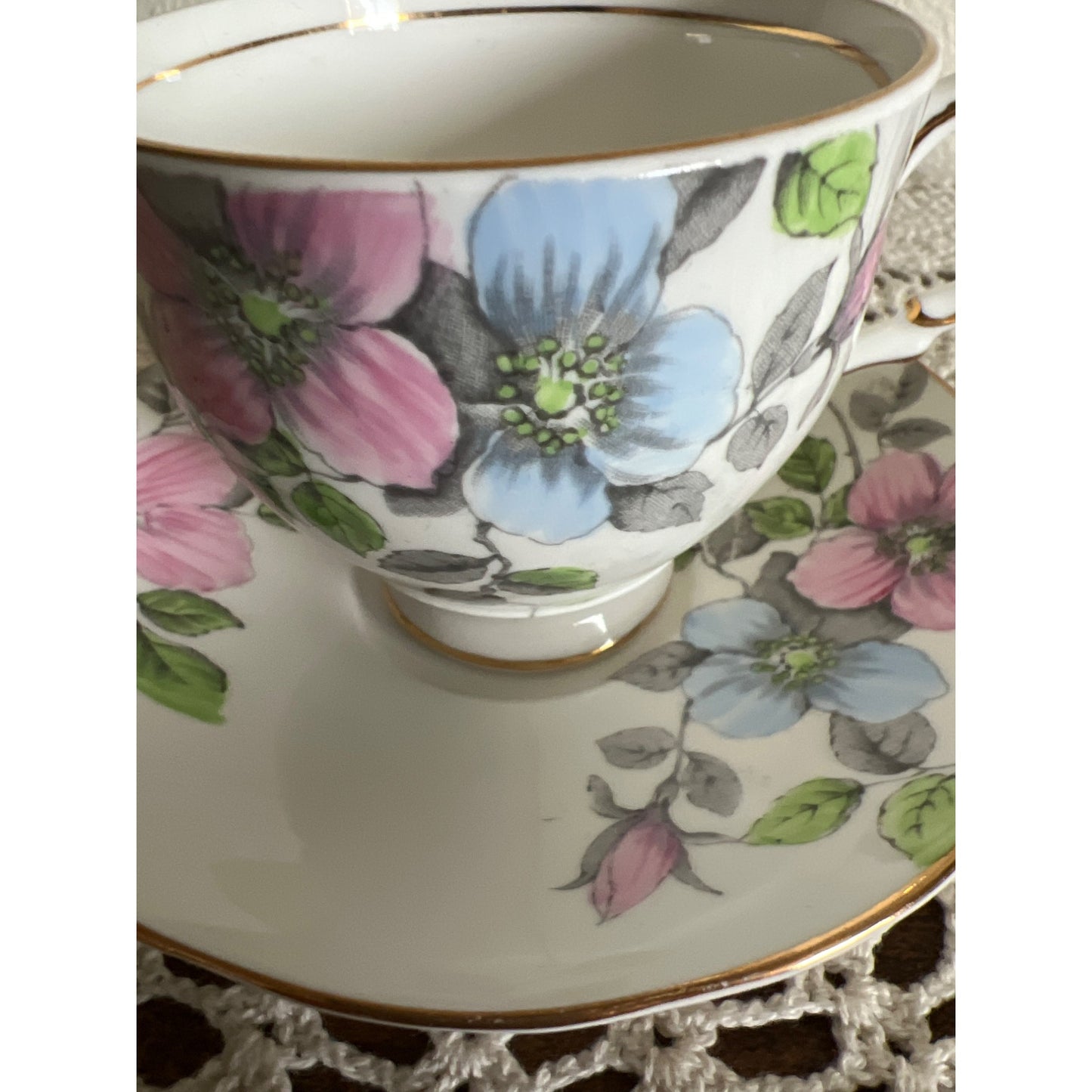 Wild Rose Salisbury Fine Bone China With Blue and Pink Flowers Made in England Teacup & Saucer