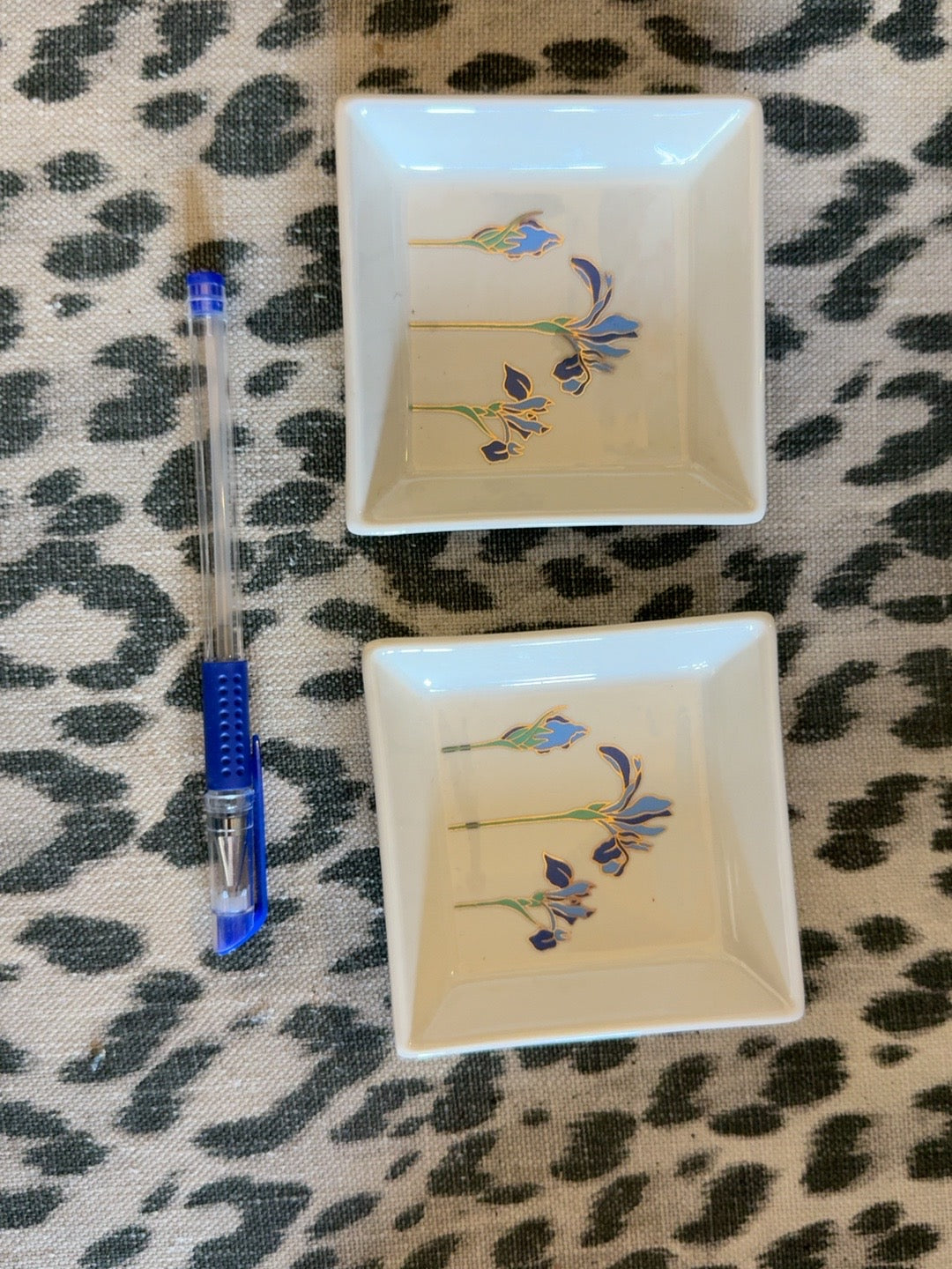Blue iris square trinket dishes, pair