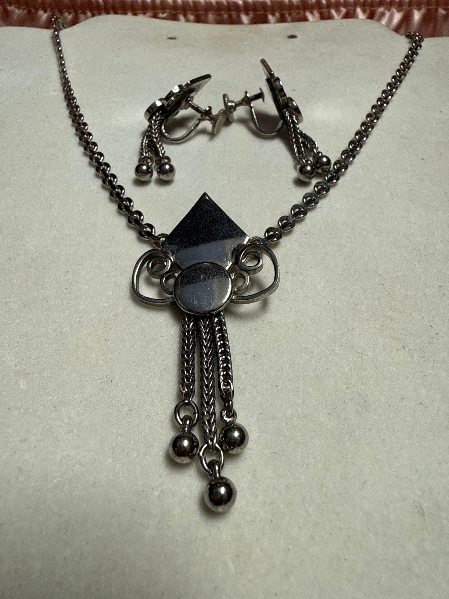 Vintage Silver-Tone Tassel Pendant Necklace and Matching Earrings Set