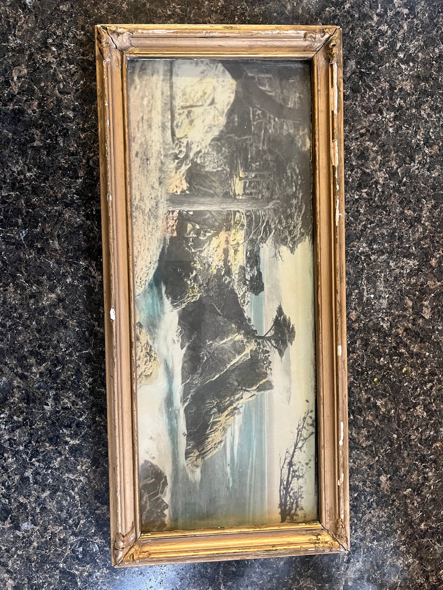 Worn Picture of Cliff and Ocean in an Antique Golden Frame