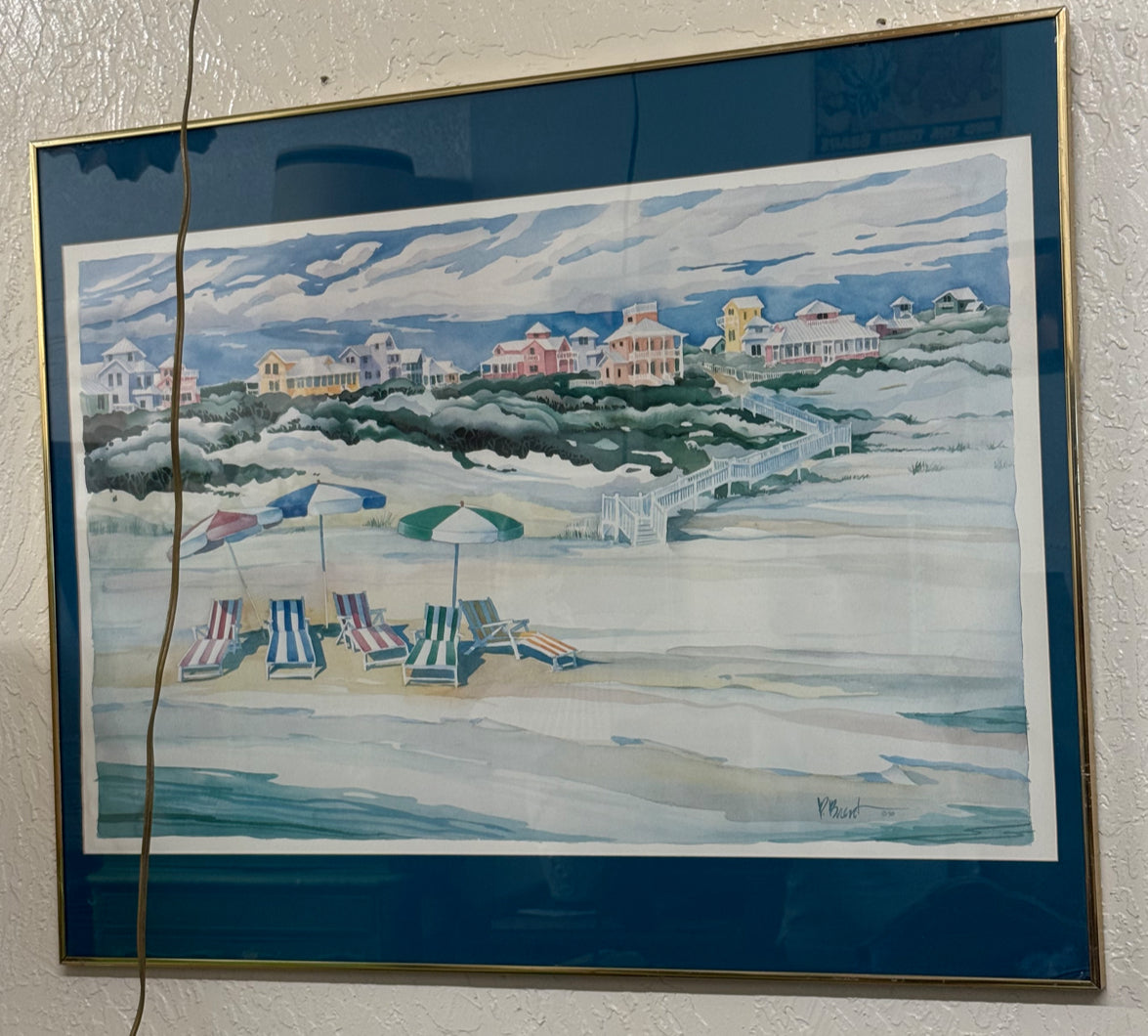 Framed Lithographic Print of a Beach Scene by Paul Brent, Created in 1990.
