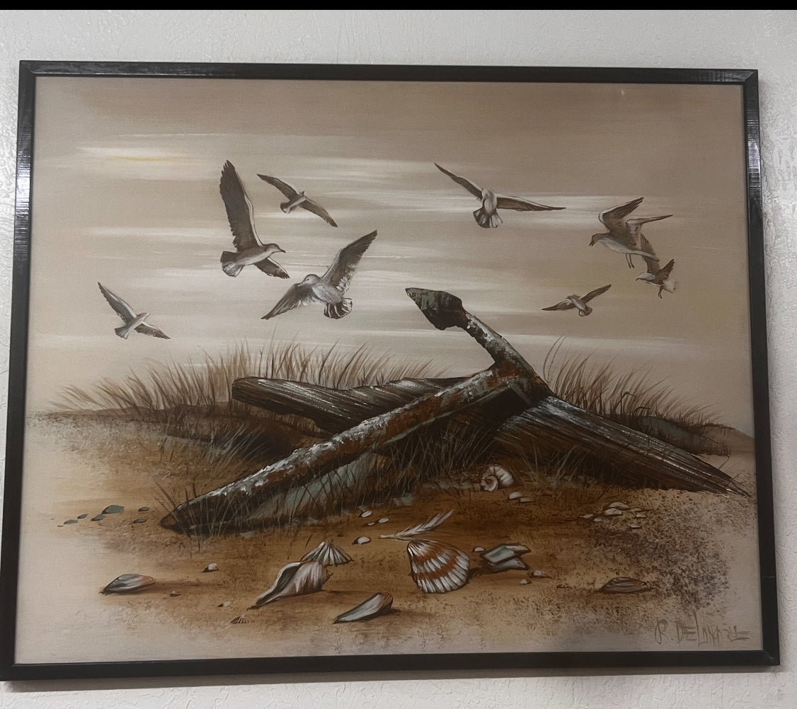 Mid-20th Century Coastal Scene Painting Anchor and Seaguls