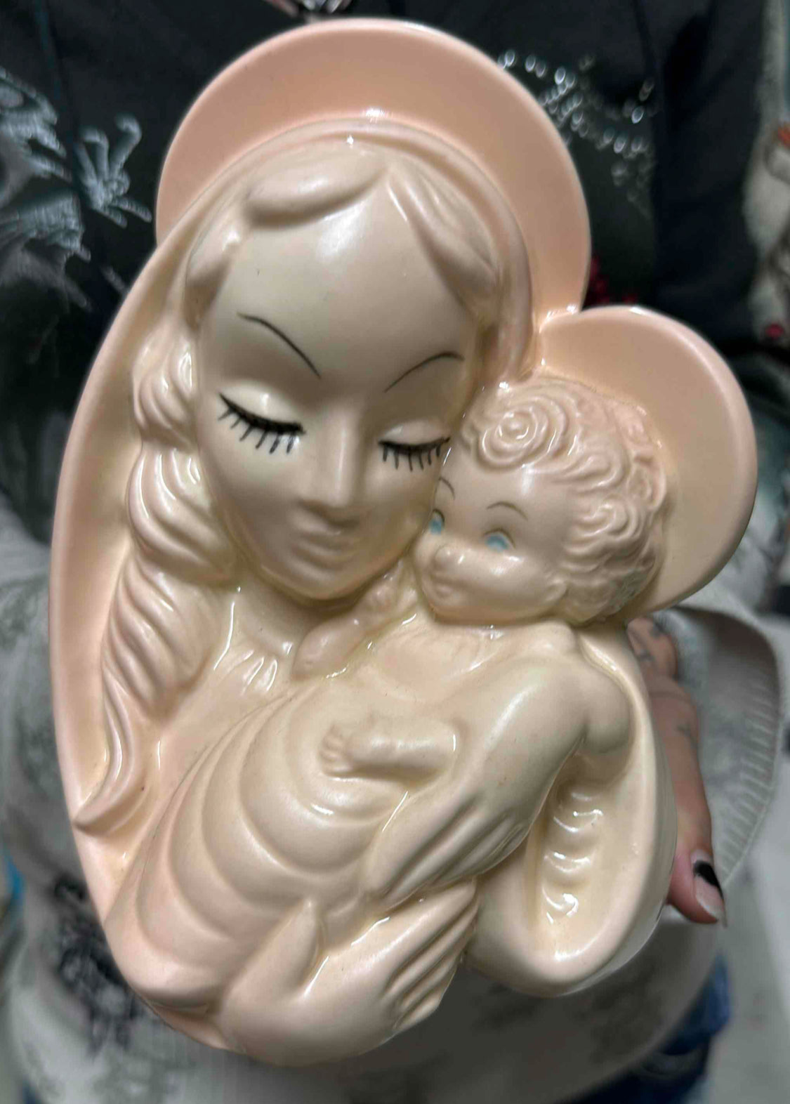 1950s Post War Hull Pottery Madonna and Child Planter Soft Pink