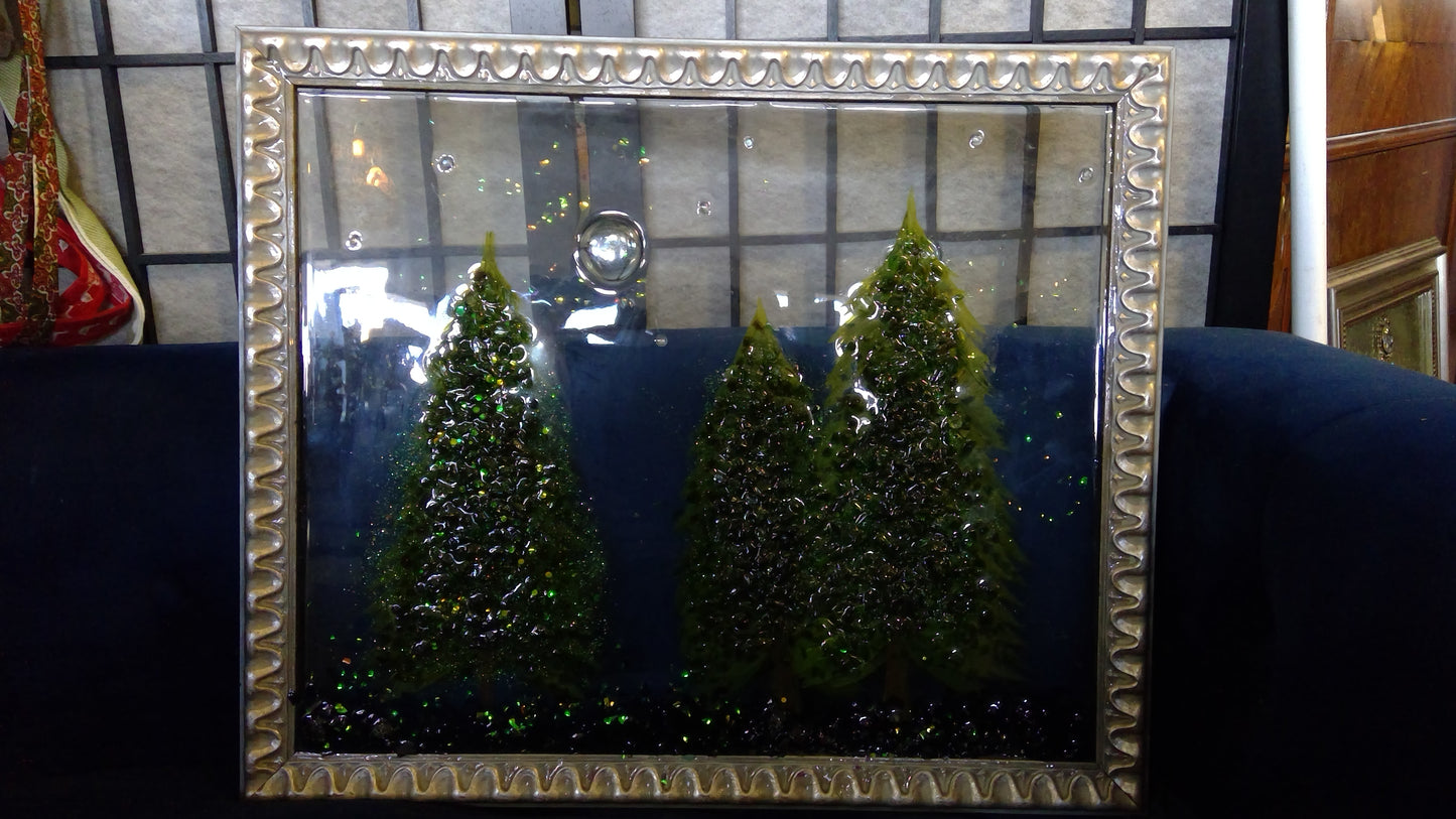 3 Pine Trees, Upcycled and Framed Glass and Resin Art By Kimberly Bottemiller