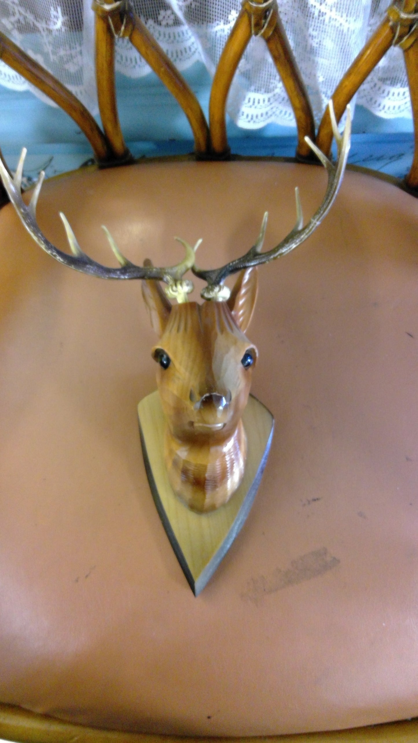 Small Vintage Hand-Carved Deer Head Wall Plaque with Antlers