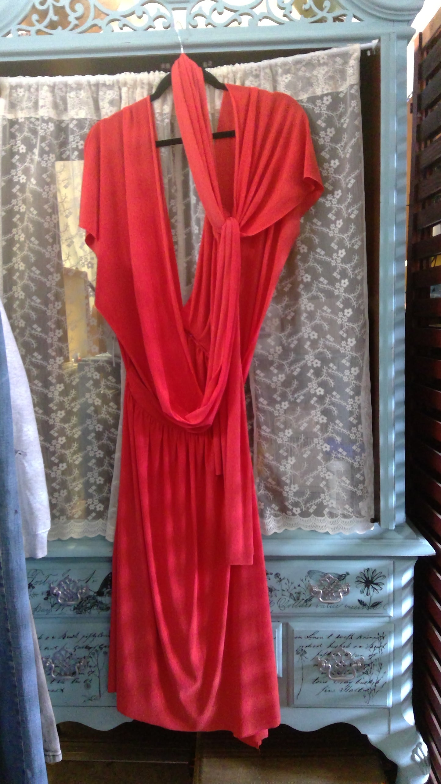 Flowy Coral Summer Dress | Tie-Neck Maxi | Lightweight & Feminine | Size XL