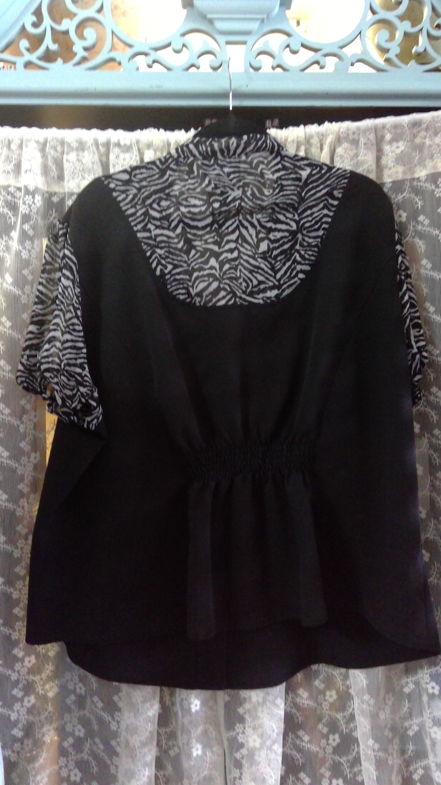 Black Sheer Zebra Print Blouse | Tie Collar & Cinched Back | First Option Too! | Size 3X