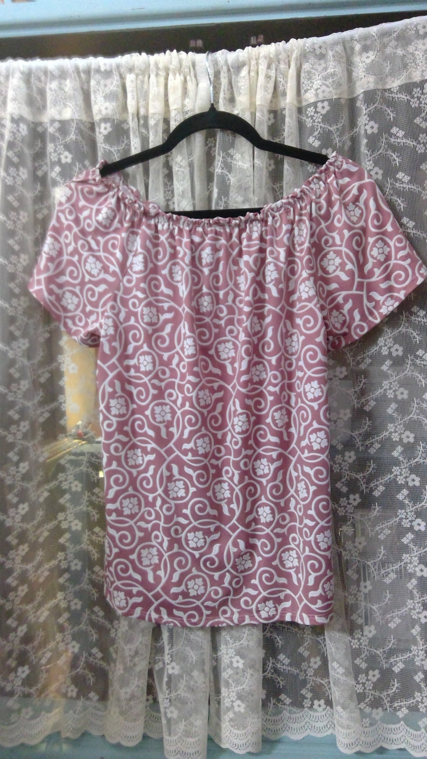 Pink Off-the-Shoulder Embroidered Floral Top | White Vine Detail | 2010s