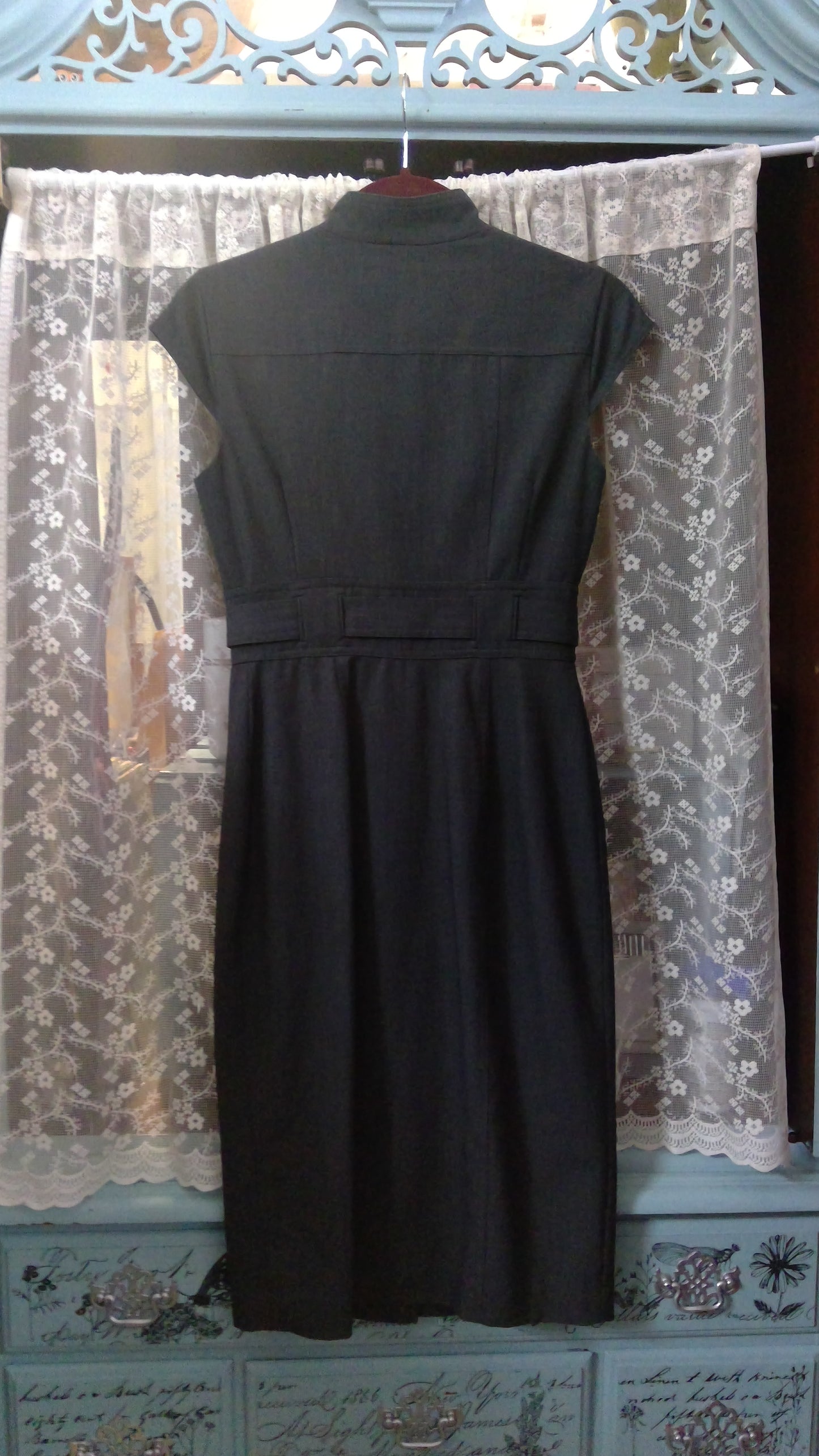 Gray Calvin Klein Midi Pencil Dress | Tie Belt & Button Front | Business Casual