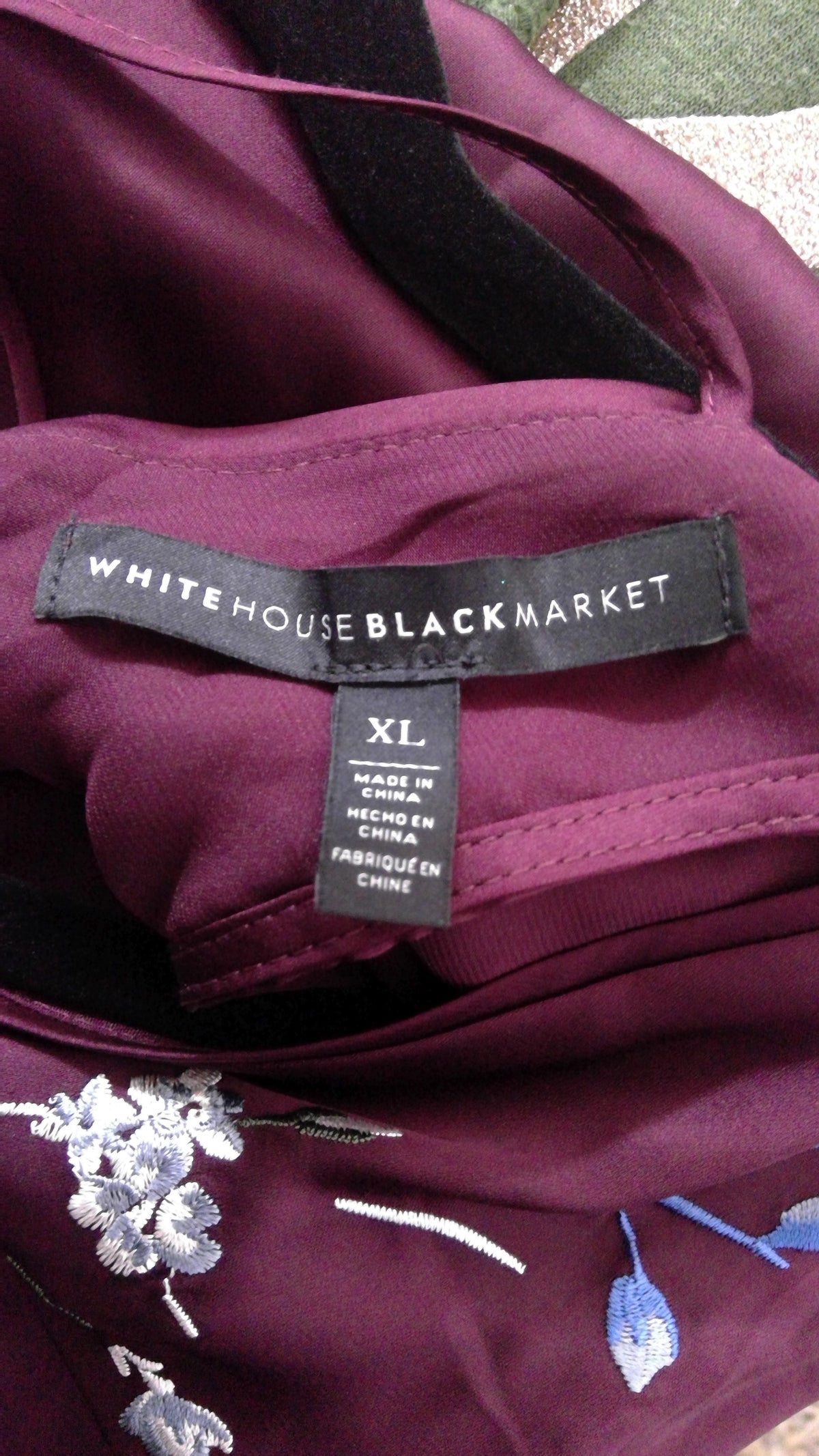 White House Black Market Maroon Satin Embroidered Blouse – Size XL