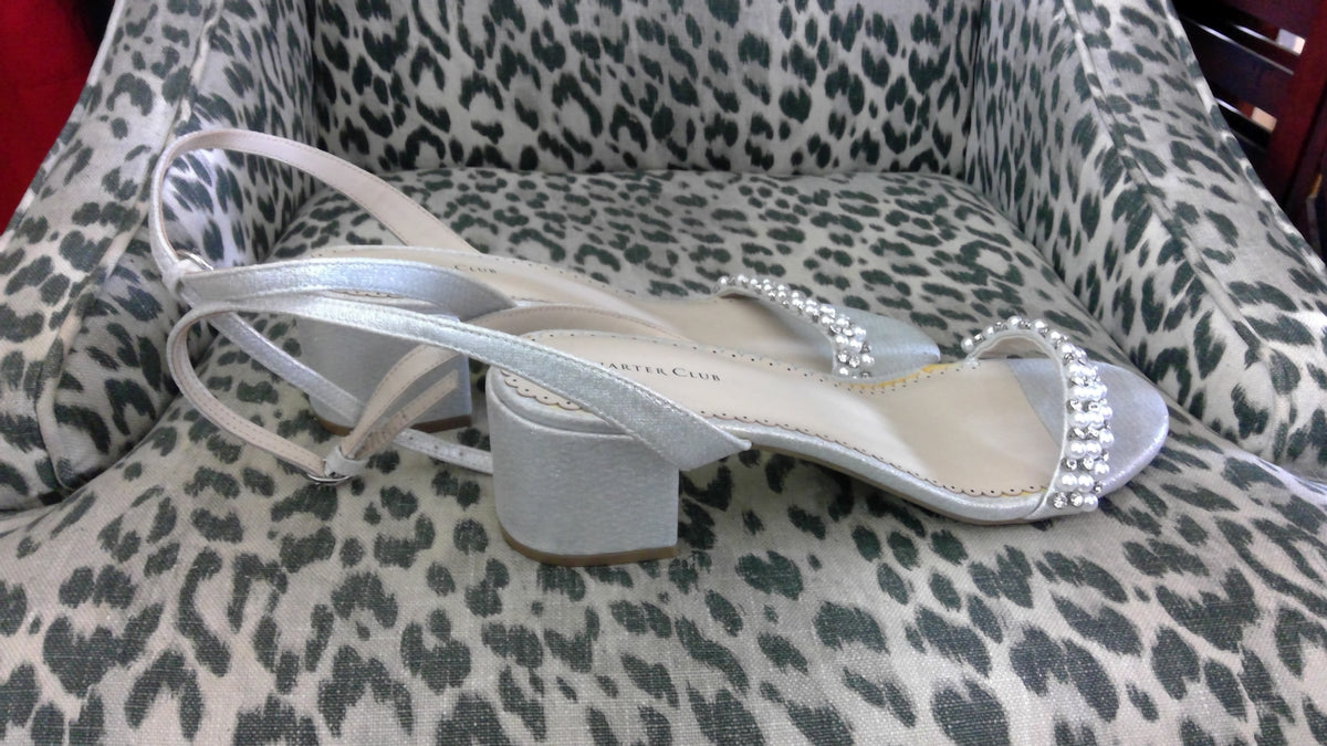 Charter Club Satin Embellished Heels – Pearl & Rhinestone Low Block Heel