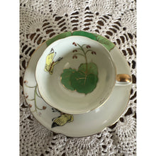 Load image into Gallery viewer, Vintage Demitasse Porcelain Hand Painted Teacup & Saucer With Green Leaves, Butterflies, and Gold Trim Made in Japan