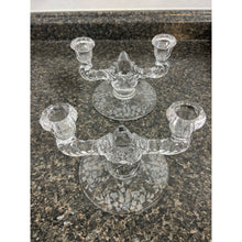 Load image into Gallery viewer, Pair of Vintage Martinsville Etched Glass Teardrop Double Taper Candlestick Holders