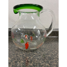 Load image into Gallery viewer, Large Hand Blown Green and Clear Glass Pitcher with Red Chili Peppers