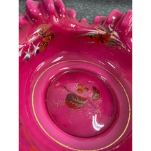 Load image into Gallery viewer, Vintage Hand Painted Pink Hand Blown Glass Bowl Bowl with Ruffled Edges, Butterflies and Wild Flowers Signed
