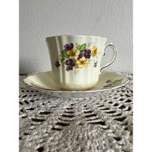 Load image into Gallery viewer, Old Royal Bone China England Pale Yellow with Purple and Yellow Violets Teacup & Saucer #2975