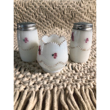 Load image into Gallery viewer, Antique Milk Glass Condiment Set Mustard Salt and Pepper Hand Painted