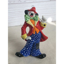 Load image into Gallery viewer, 1984 Ceramic Squinting Clown Red Coat Polka Dot Pants Ornament Signed "Paula"