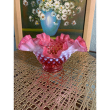 Load image into Gallery viewer, Vintage Fenton Hobnail Pink with White Opalescent Ruffle Bowl