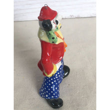 Load image into Gallery viewer, 1984 Ceramic Squinting Clown Red Coat Polka Dot Pants Ornament Signed "Paula"