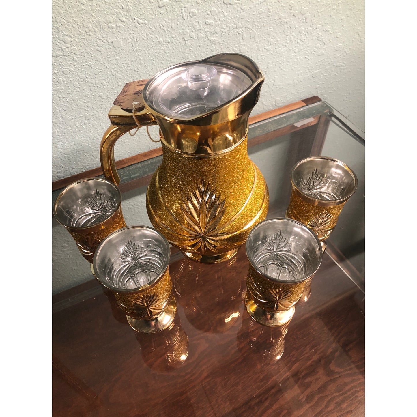 Golden Glitter Thermos Flask with Glass Inner Jug and Cups