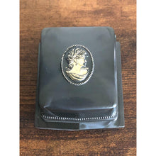 Load image into Gallery viewer, Vintage Signed Rocket Made USA Slate Gray and Gold Lucite and White Velvet Cameo Jewelry Box - empty
