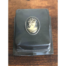 Load image into Gallery viewer, Vintage Signed Rocket Made USA Slate Gray and Gold Lucite and White Velvet Cameo Jewelry Box - empty