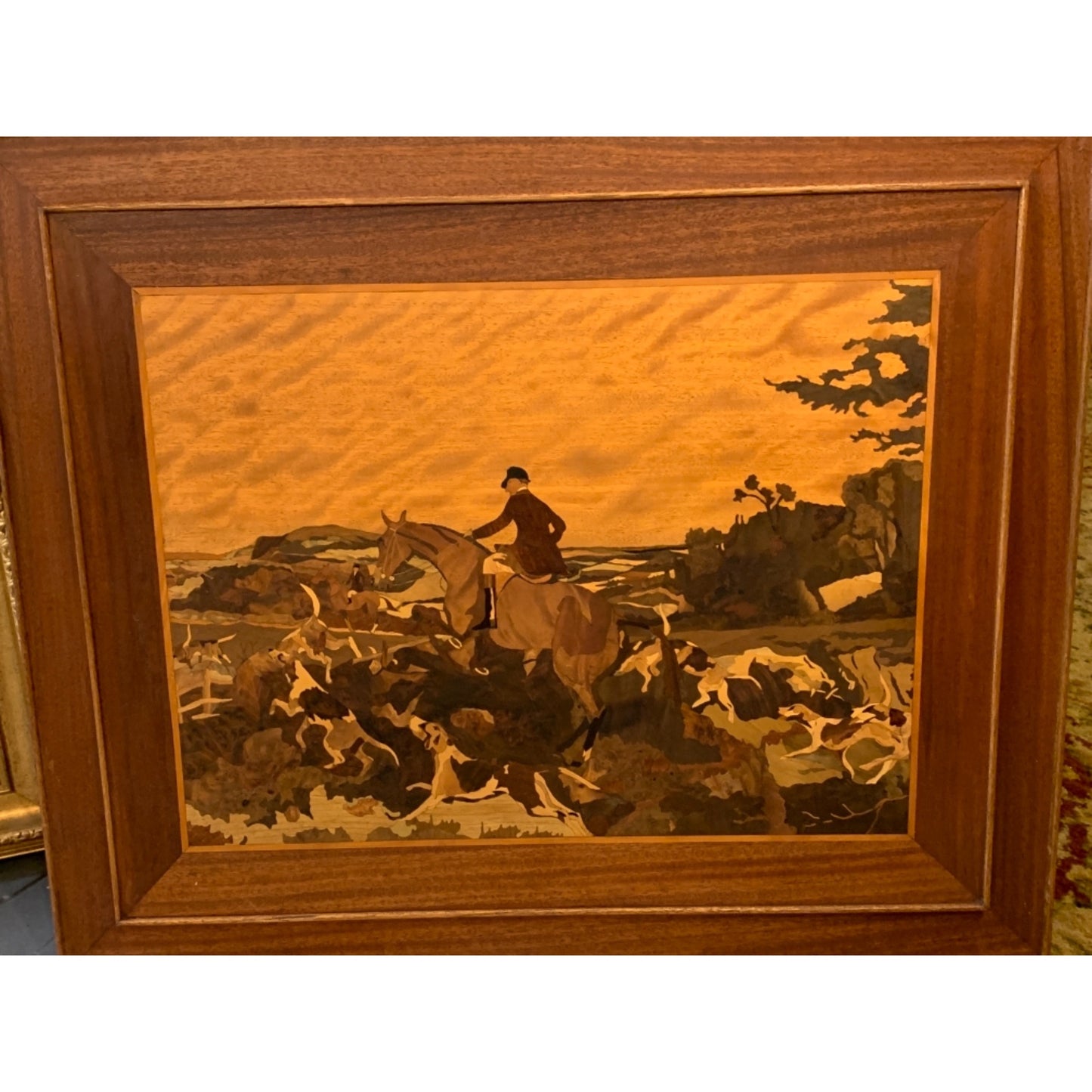 Vintage Wood Inlay Marquetry Wall Art The Hunt Signed