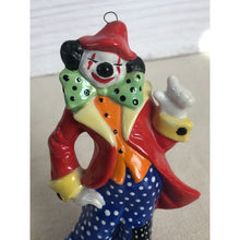 Load image into Gallery viewer, 1984 Ceramic Squinting Clown Red Coat Polka Dot Pants Ornament Signed "Paula"