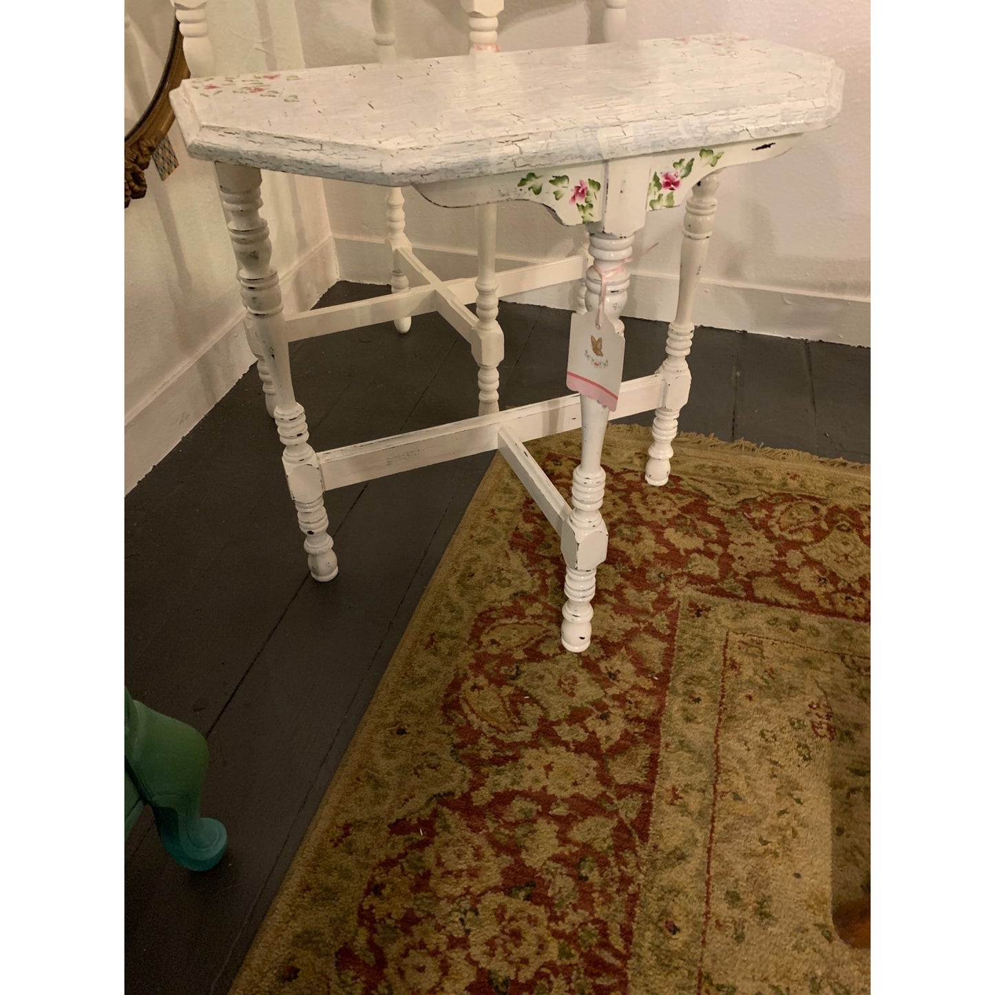Vintage Upcycled Wood Side Table with Roses Hand Painted by Catherine Swift