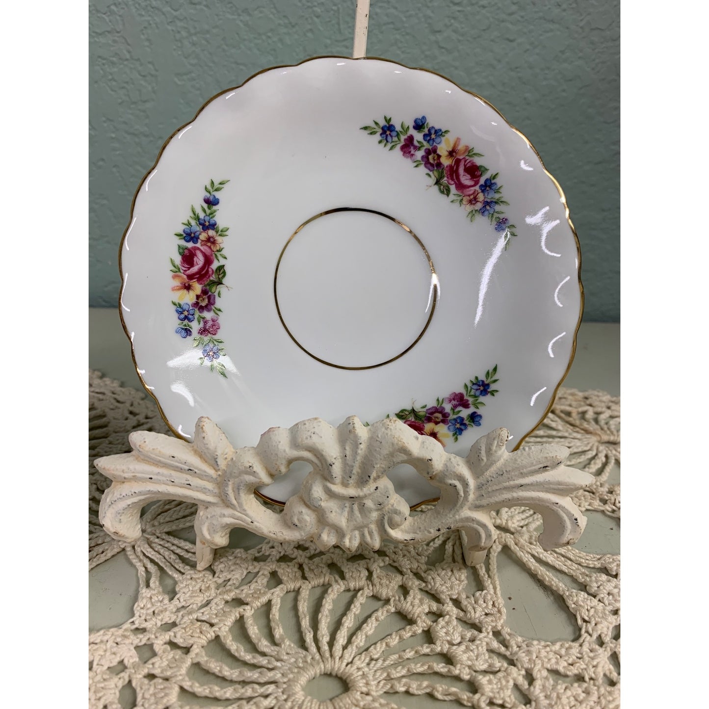 Rose Tea Cup & Saucer with Cast Iron Holder
